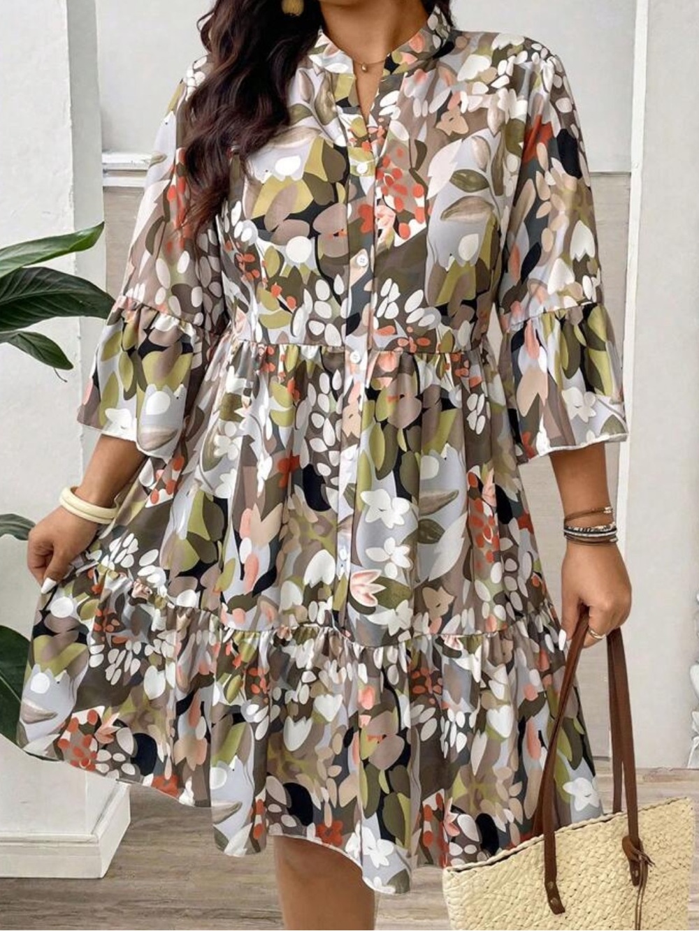 SHEIN Olive Multicolor Floral Midi Dress
